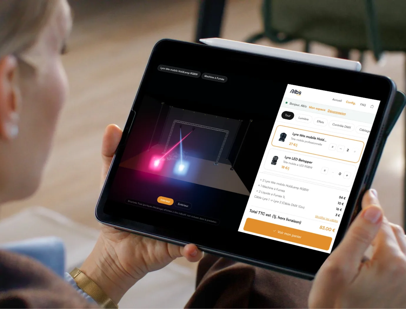 Le configurateur 3D d'Alb's Events ouvert sur une tablette