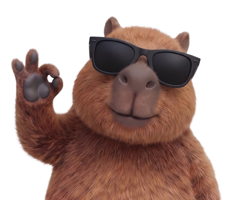 La mascotte d'Olnis, un capybara avec des lunettes de soleil qui fait signe que tout va bien